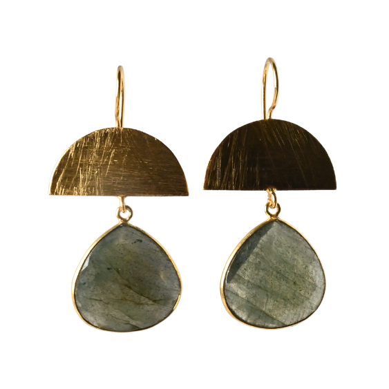 Brushed gold half-moon earrings with large faceted grey labradorite drops