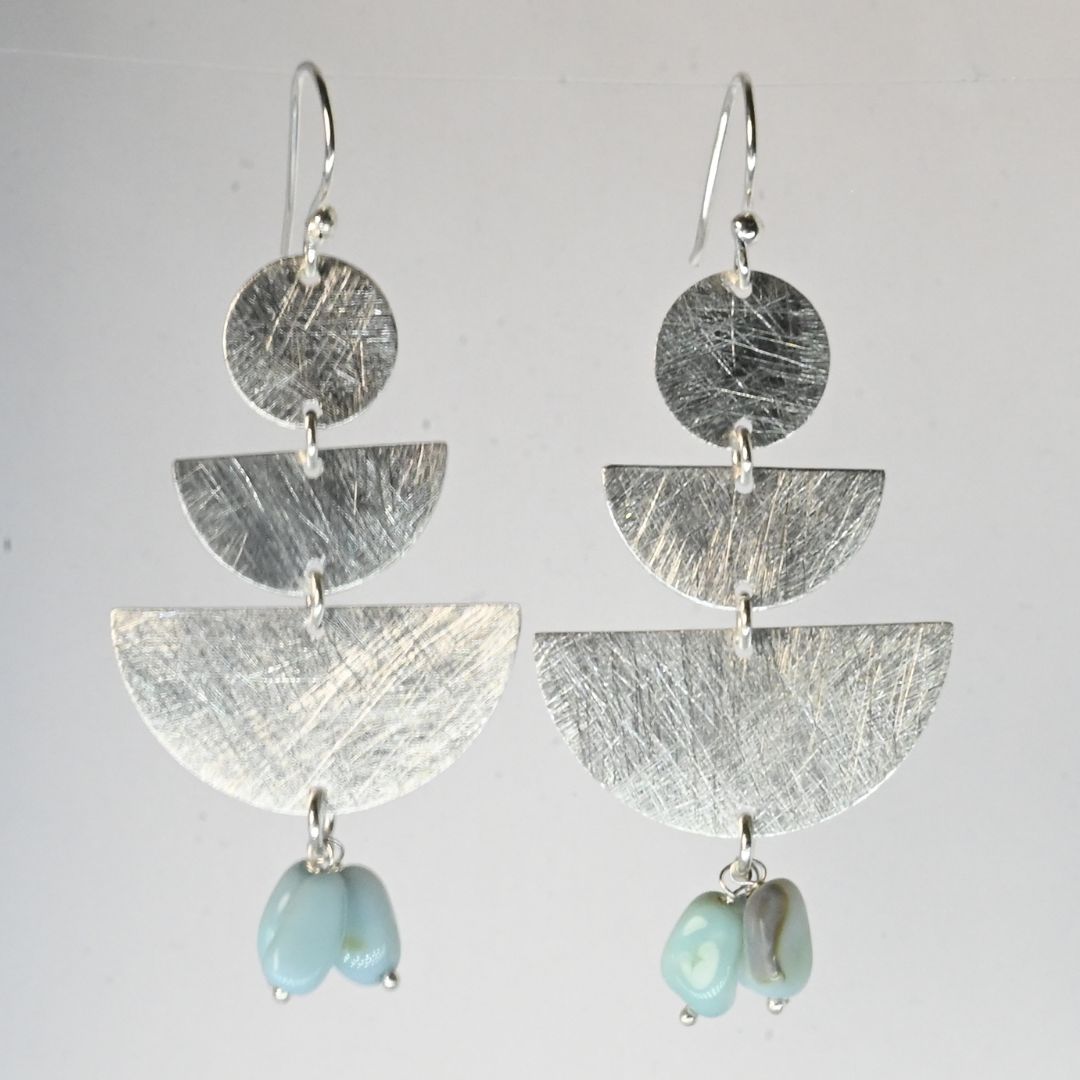 Euro Silver fan drop earrings with graduated half-moons and pale blue gem chips