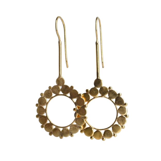 Euro Gold drop earrings with open circle of small petal discs on long hooks