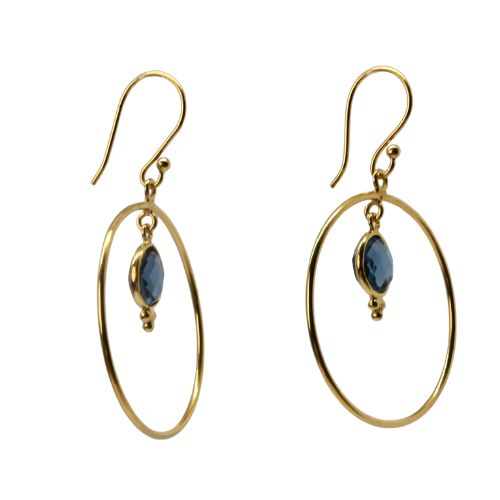 Euro Gold hoop earrings with London-blue oval gems, angled view