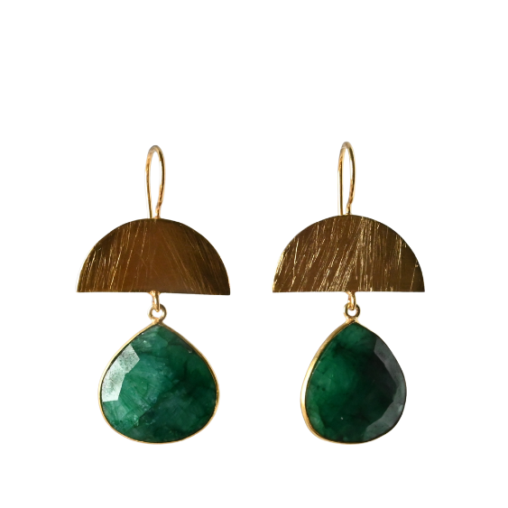 Brushed gold half-moon earrings with large faceted dark green chrysocolla drops