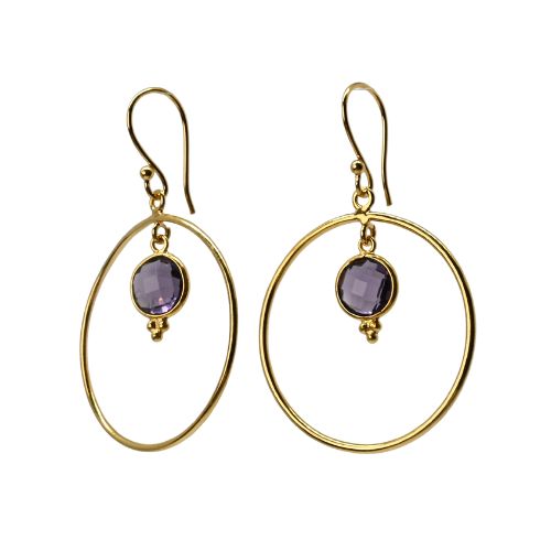 Euro Gold hoop earrings with amethyst-purple gem drops