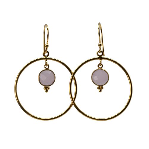 Euro Gold hoop earrings with blush-pink chalcedony-style gem drops