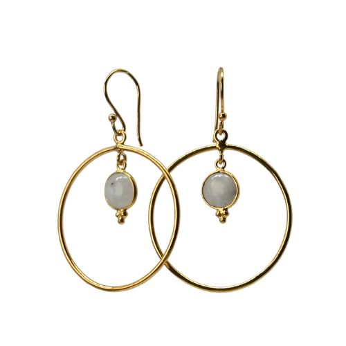 Euro Gold hoop earrings with milky moonstone-style gem drops