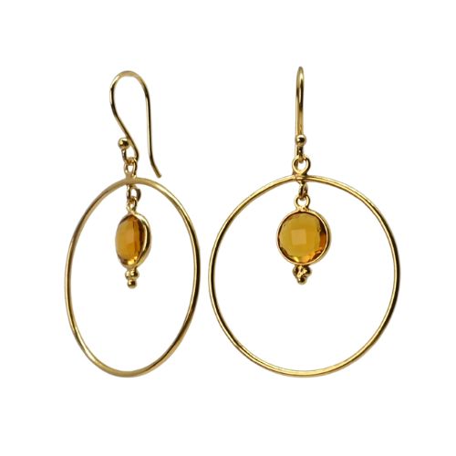 Euro Gold hoop earrings with golden citrine gem drops