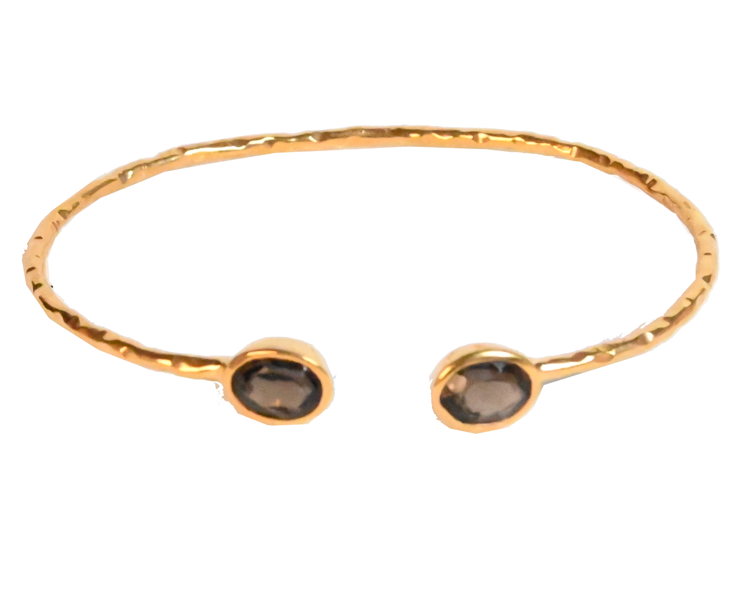 Euro Gold cuff bangle with two smoky brown gems on black background