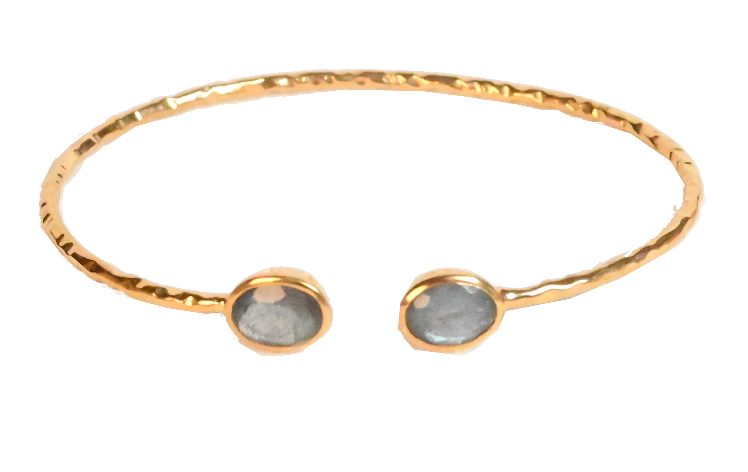 Euro Gold cuff bangle with two pale grey gems on black background