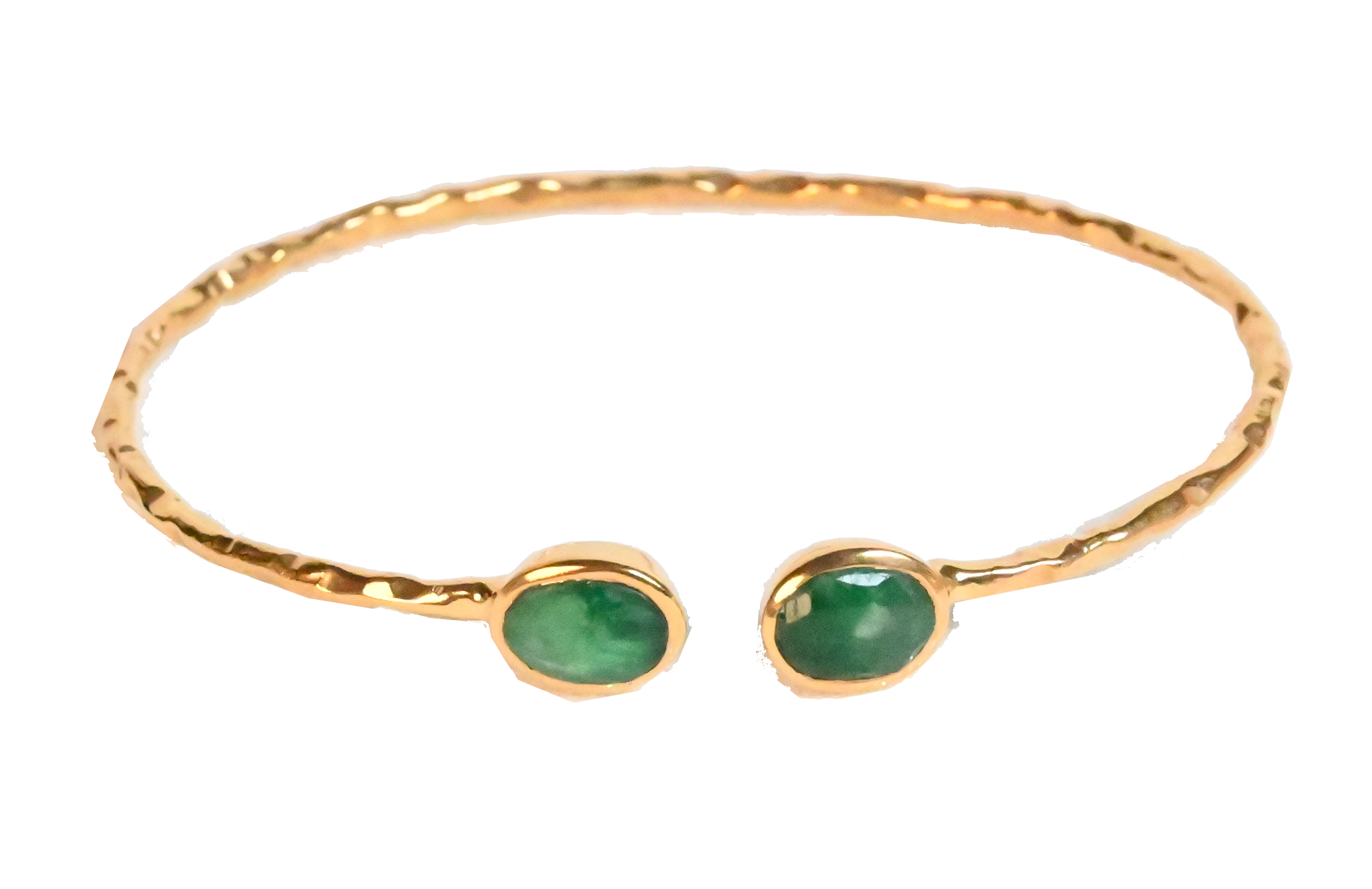 Euro Gold cuff bangle with two emerald-green gems on black background