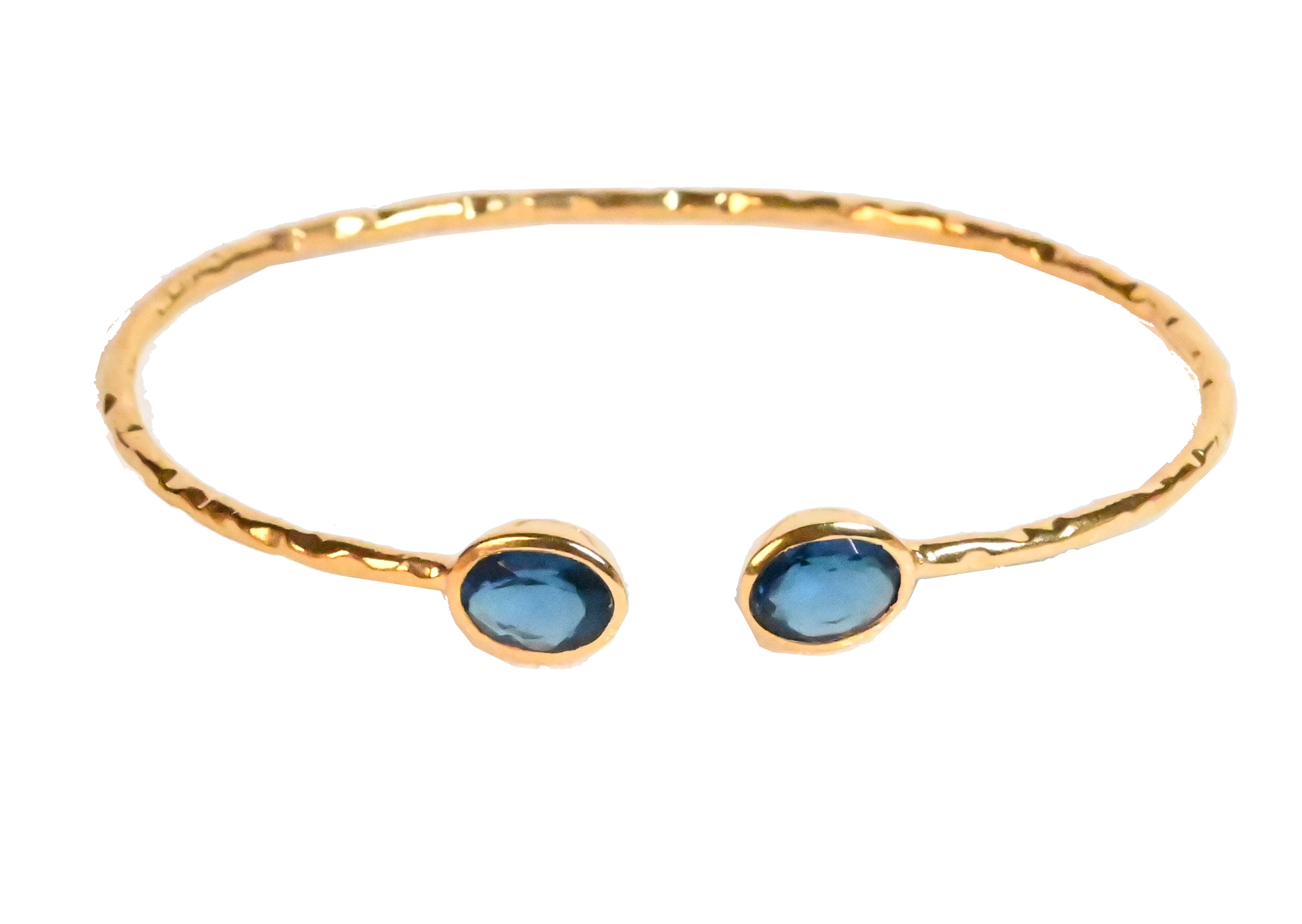 Euro Gold cuff bangle with two London-blue gems on black background