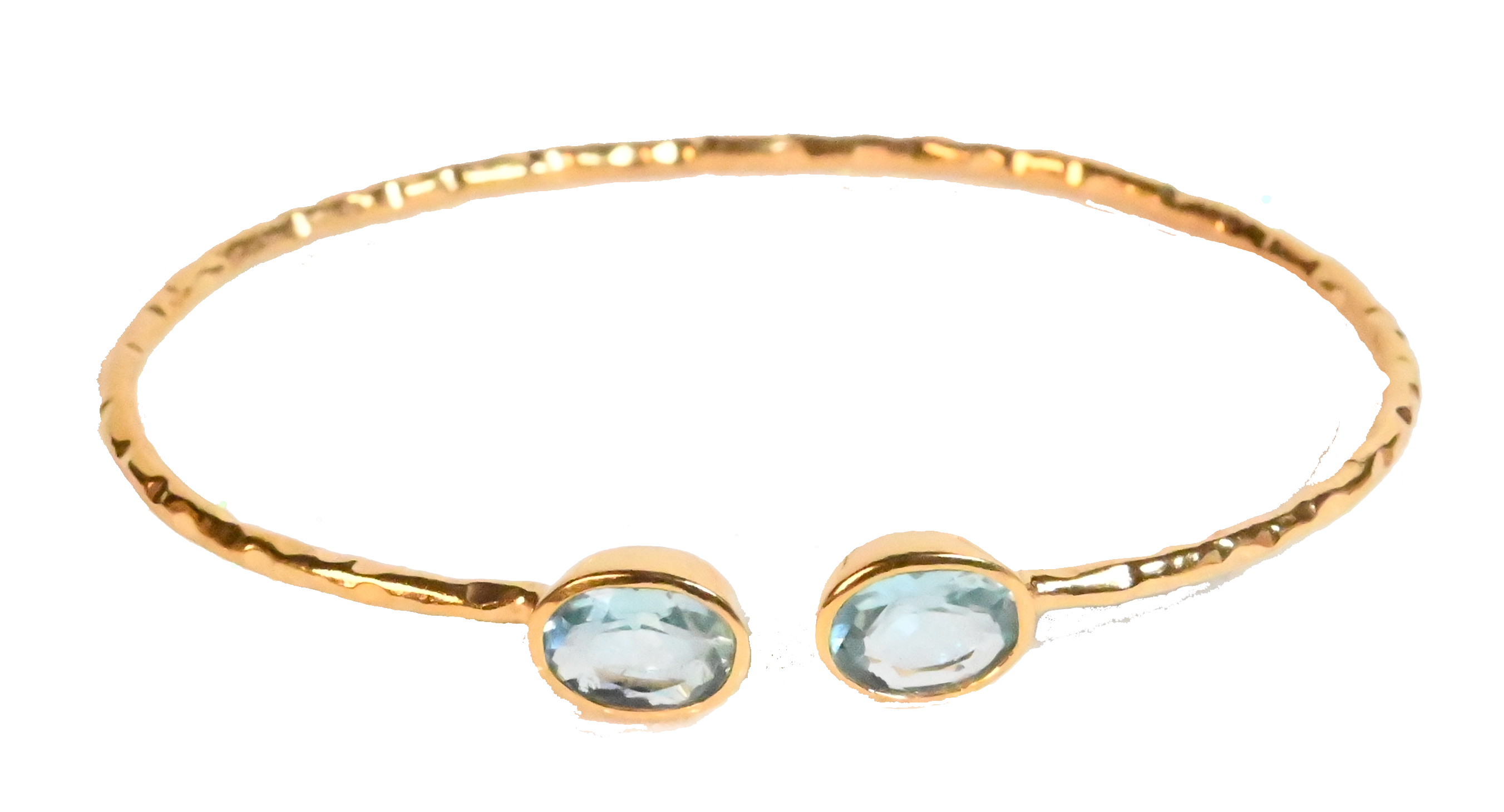Euro Gold cuff bangle with two aqua-blue gems, hammered finish