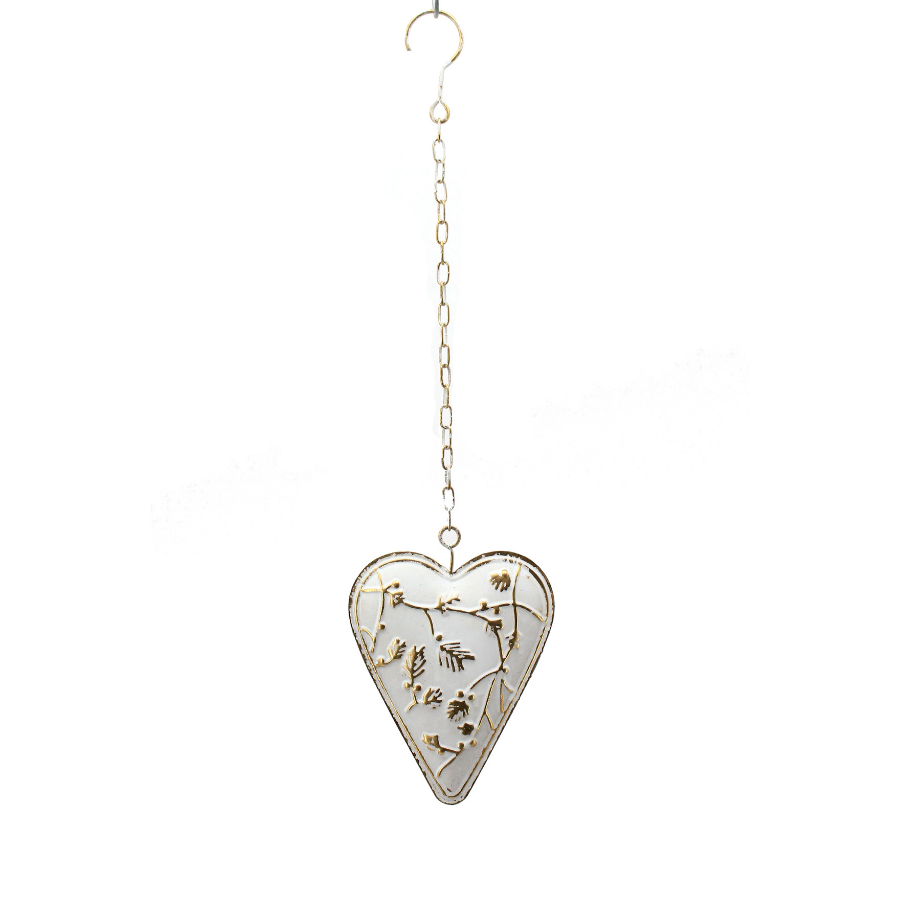 Chalky white metal heart embossed with a soft floral pattern, hanging from a long chain with a hook at the top.