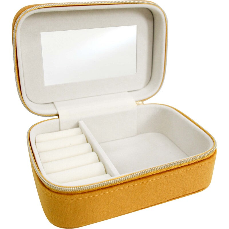 Second view of the open mustard velvet jewellery case with mirror and ring storage