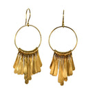 Gold hoop earrings with a fringe of hammered paddles in graduated lengths