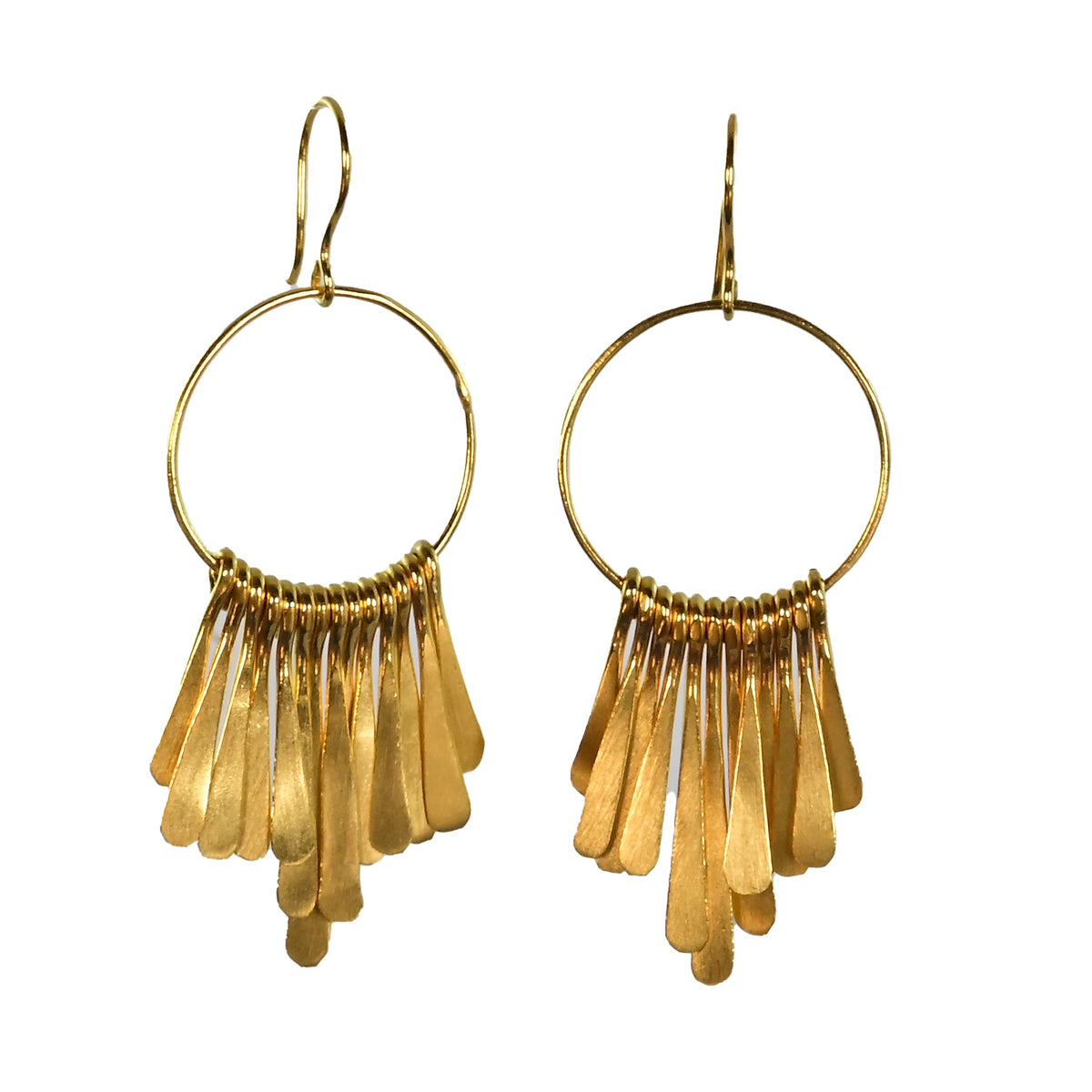 Gold hoop earrings with a fringe of hammered paddles in graduated lengths