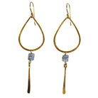 Gold teardrop hoop earrings with periwinkle-blue beads and a hammered blade drop
