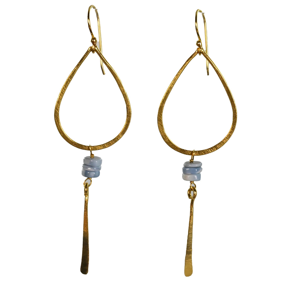 Gold teardrop hoop earrings with periwinkle-blue beads and a hammered blade drop