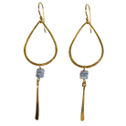 Gold teardrop hoop earrings with periwinkle-blue beads and a hammered blade drop
