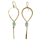 Gold teardrop hoop earrings with pale mint-green beads and a hammered blade drop
