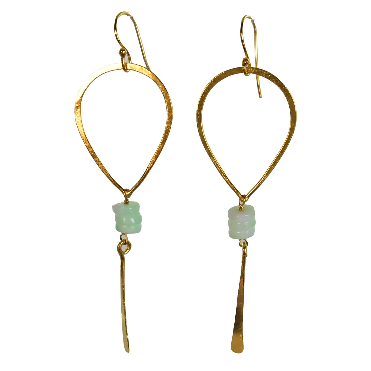 Gold teardrop hoop earrings with pale mint-green beads and a hammered blade drop