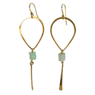 Gold teardrop hoop earrings with pale mint-green beads and a hammered blade drop