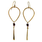 Gold teardrop hoop earrings with wine-red garnet beads and a hammered blade drop