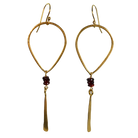 Gold teardrop hoop earrings with wine-red garnet beads and a hammered blade drop