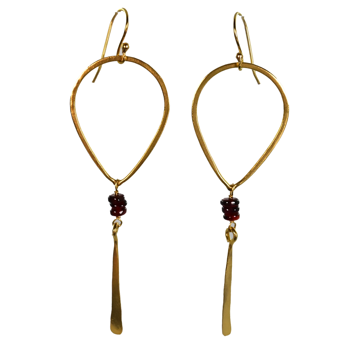 Gold teardrop hoop earrings with wine-red garnet beads and a hammered blade drop