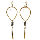 Gold teardrop hoop earrings with grey labradorite beads and a hammered blade drop