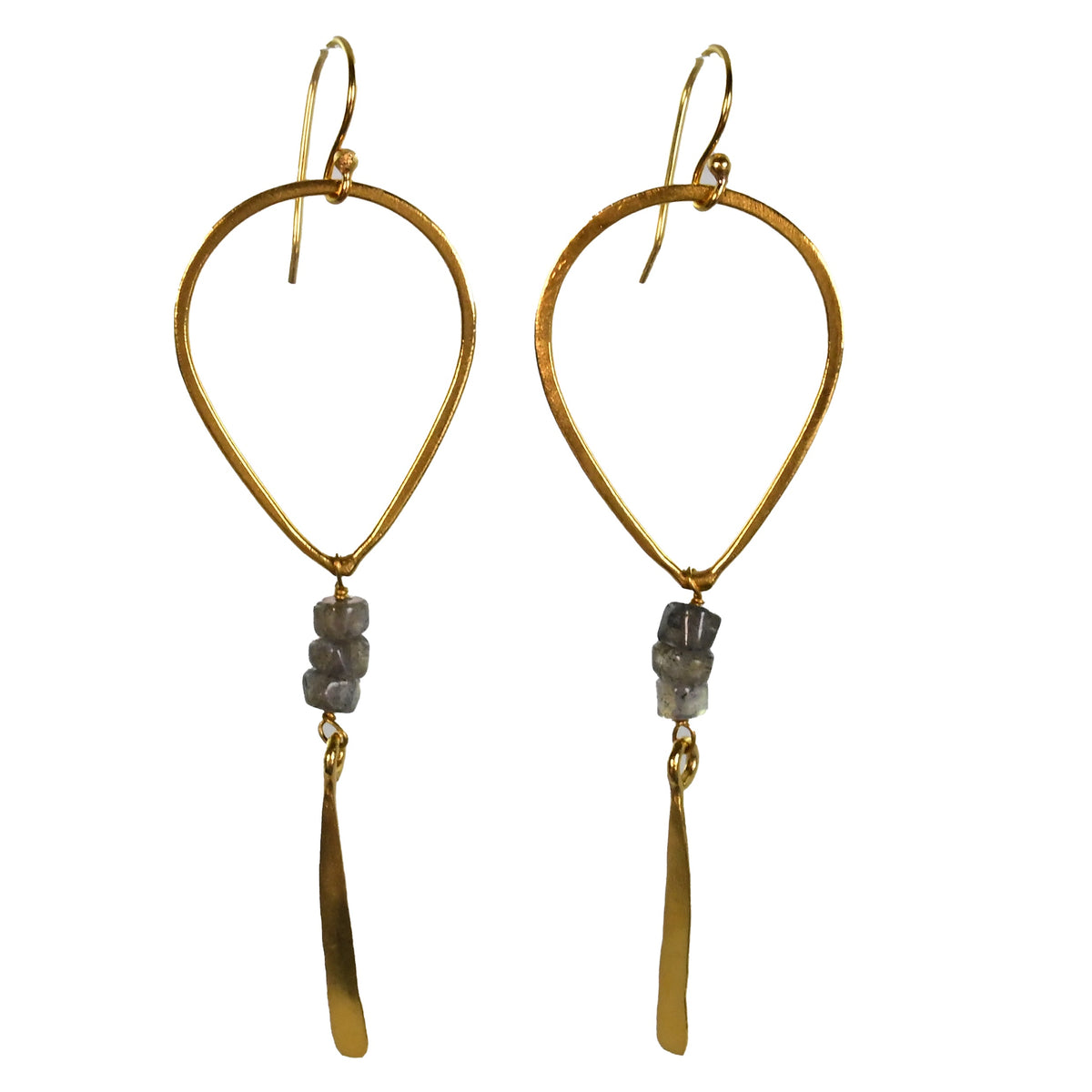 Gold teardrop hoop earrings with grey labradorite beads and a hammered blade drop