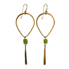 Gold teardrop hoop earrings with olive-green peridot beads and a hammered blade drop