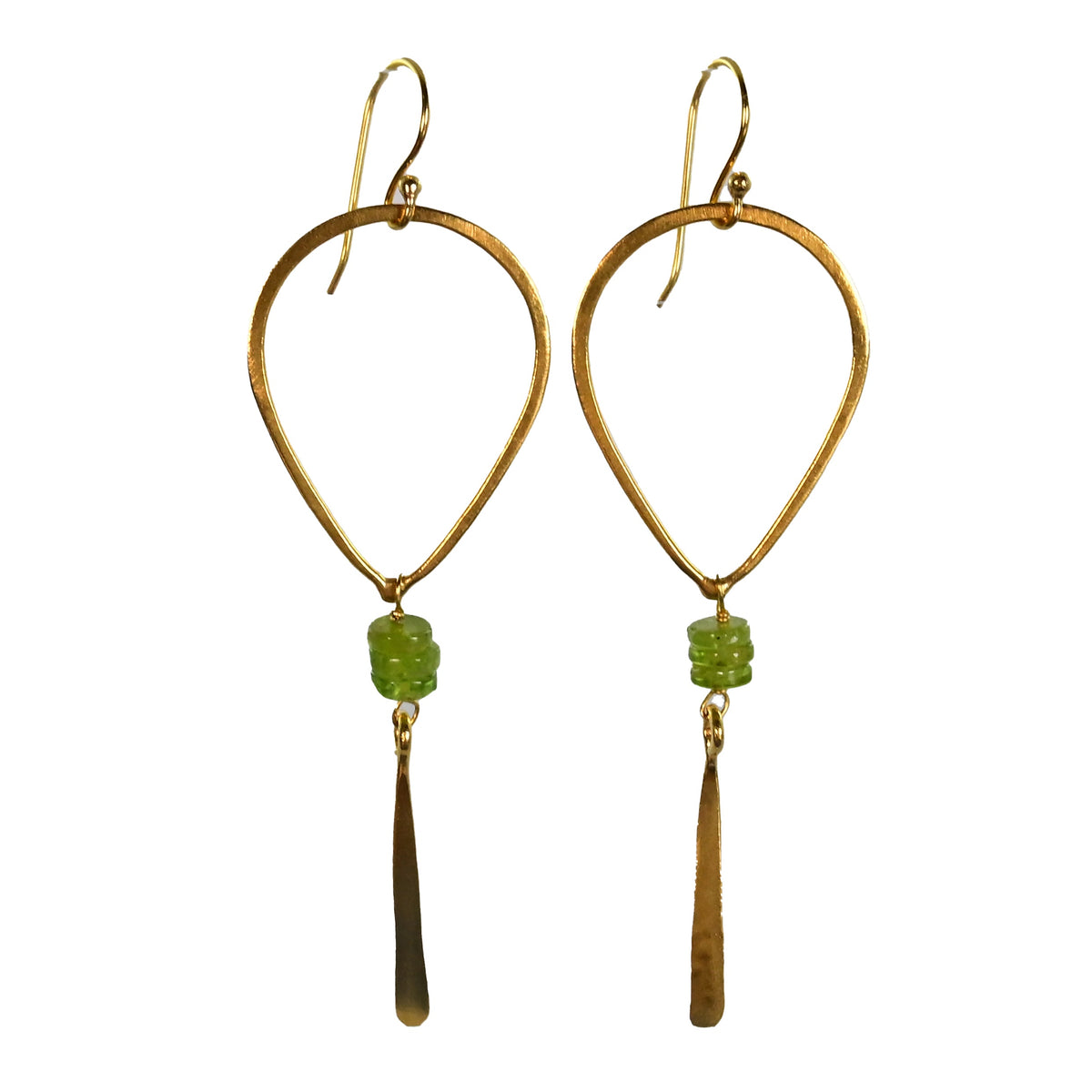 Gold teardrop hoop earrings with olive-green peridot beads and a hammered blade drop