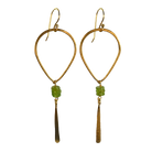 Gold teardrop hoop earrings with olive-green peridot beads and a hammered blade drop