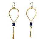 Gold teardrop hoop earrings with deep blue lapis beads and a hammered blade drop