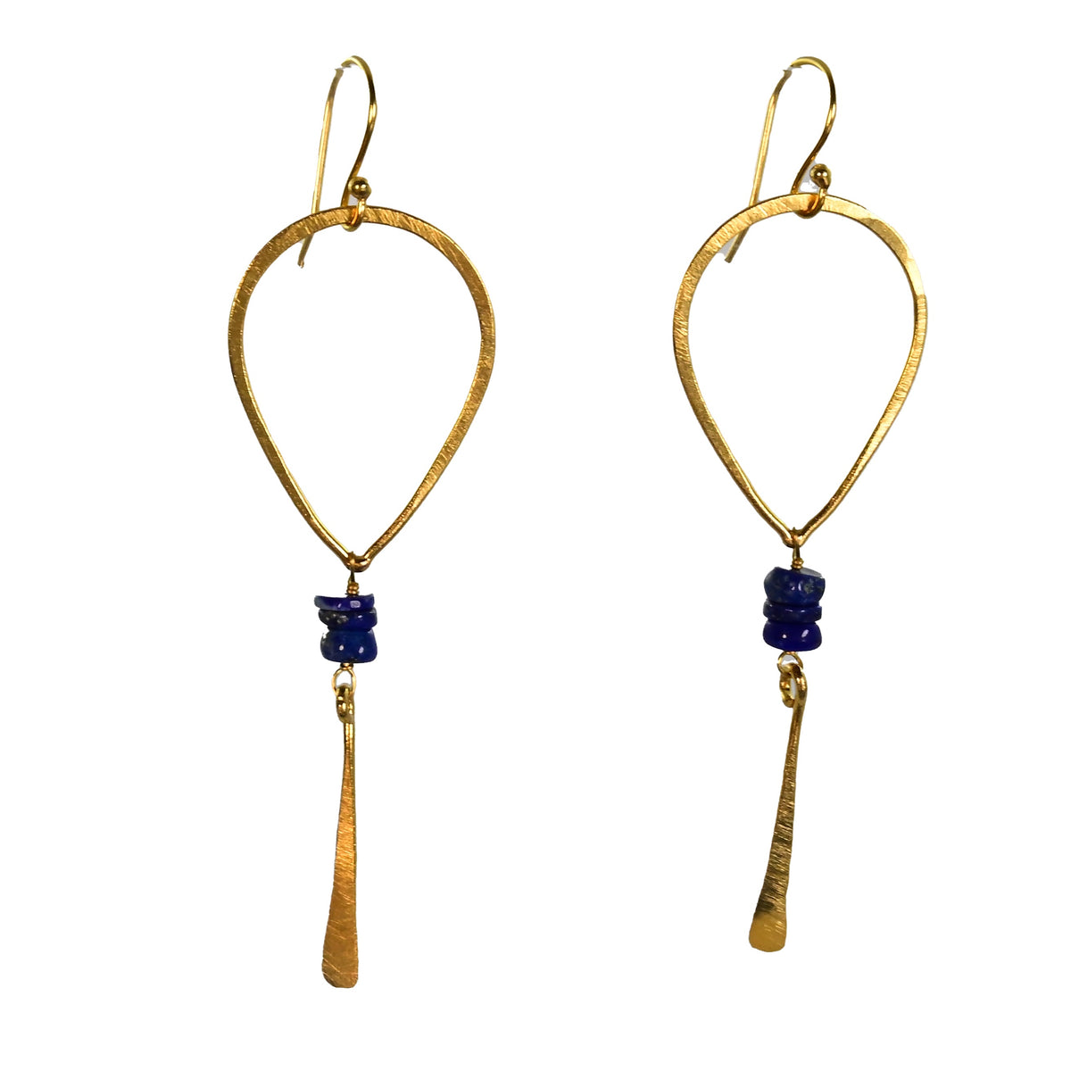 Gold teardrop hoop earrings with deep blue lapis beads and a hammered blade drop