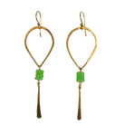 Gold teardrop hoop earrings with apple-green beads and a hammered blade drop