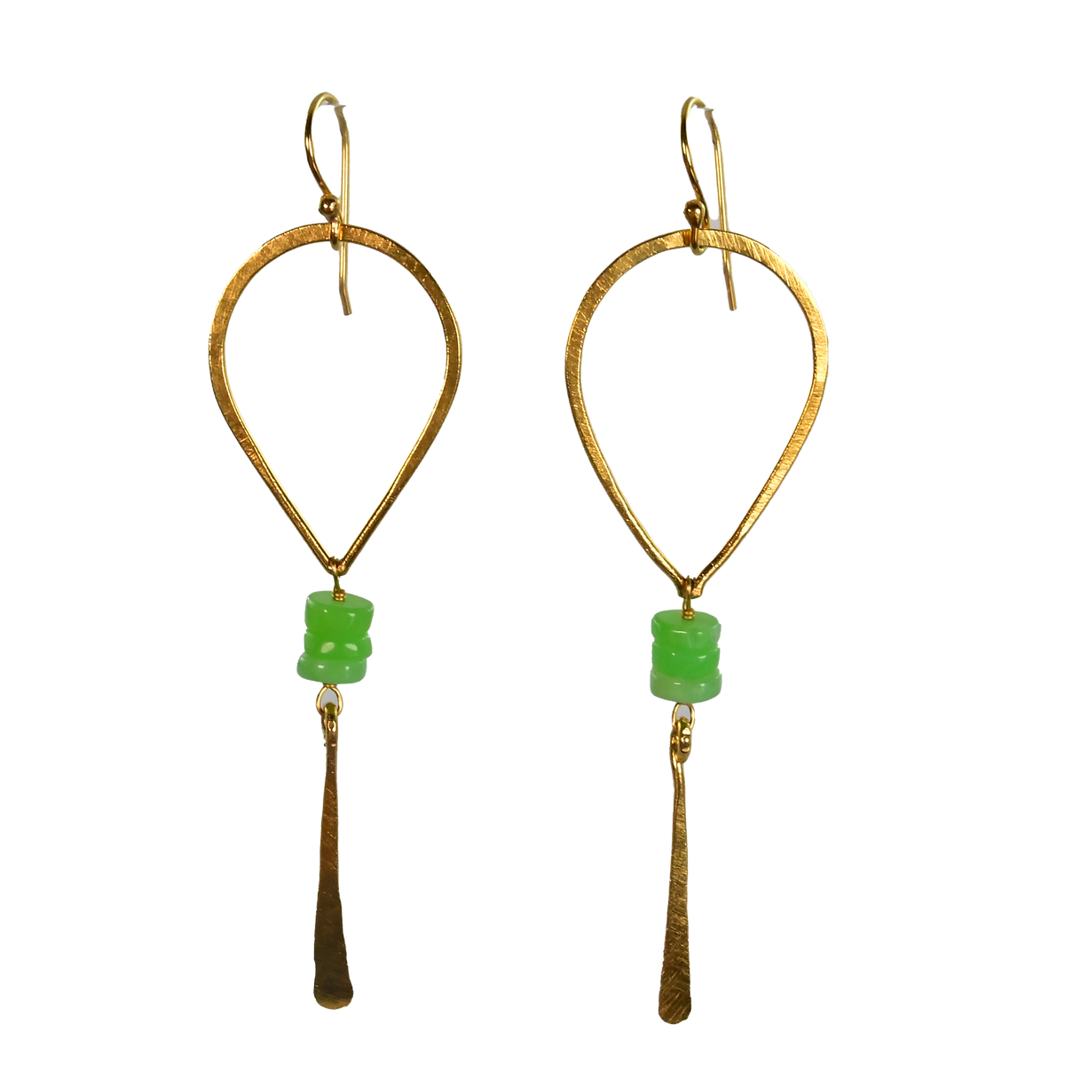 Gold teardrop hoop earrings with apple-green beads and a hammered blade drop