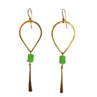 Gold teardrop hoop earrings with apple-green beads and a hammered blade drop