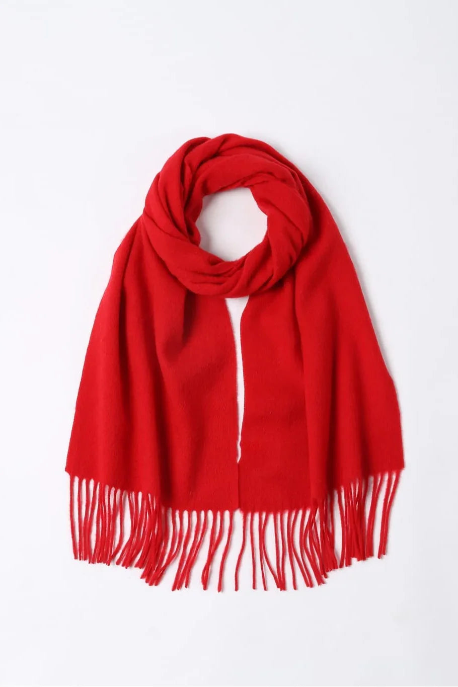 Raving Red solid merino scarf looped flat on white