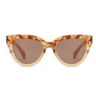 Flutter sunglasses front-on: a cat-eye frame, tortoise across the brow fading to cream below