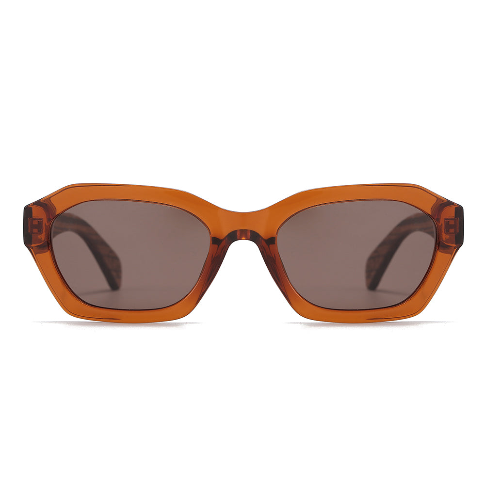 Front view of the Stray Coffee Bean sunglasses: translucent amber brown angular frame with brown lenses