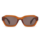 Front view of the Stray Coffee Bean sunglasses: translucent amber brown angular frame with brown lenses