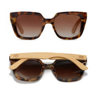 Two pairs of Soluna sunglasses in mocha tortoise, one front-on and one folded, showing the pale maple arms