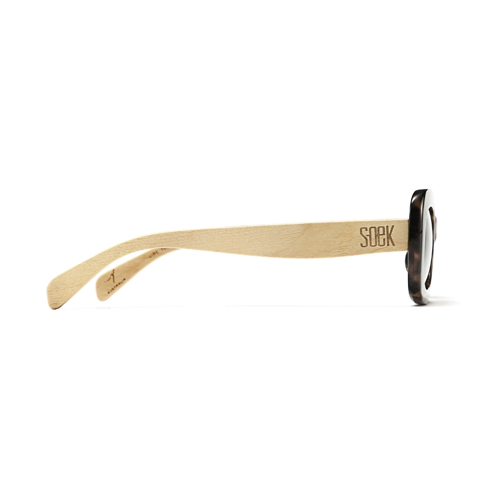 Vibe sunglasses folded, side on, showing the full length of the maple arms