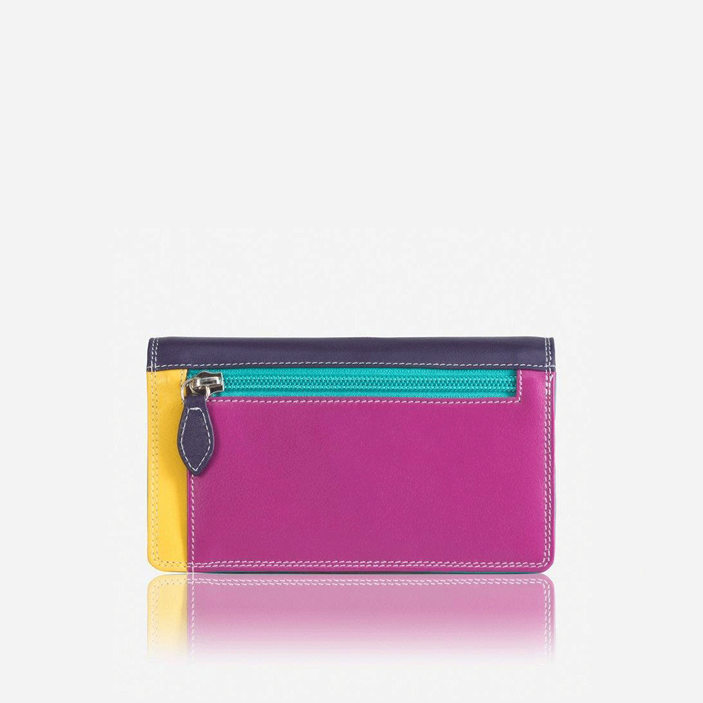 Back of the Ibiza purse: magenta leather with a zip coin pocket and a yellow side panel