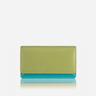 Caribbean leather flap purse in Pacific, closed: a sage-lime flap over a turquoise body