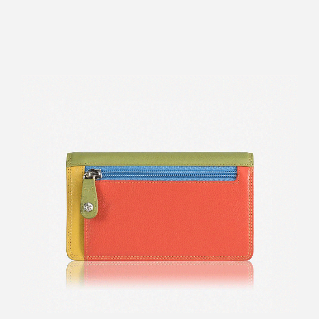 Back of the Pacific purse: coral leather with a blue zip coin pocket and a yellow side panel