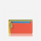 Back of the Pacific purse: coral leather with a blue zip coin pocket and a yellow side panel