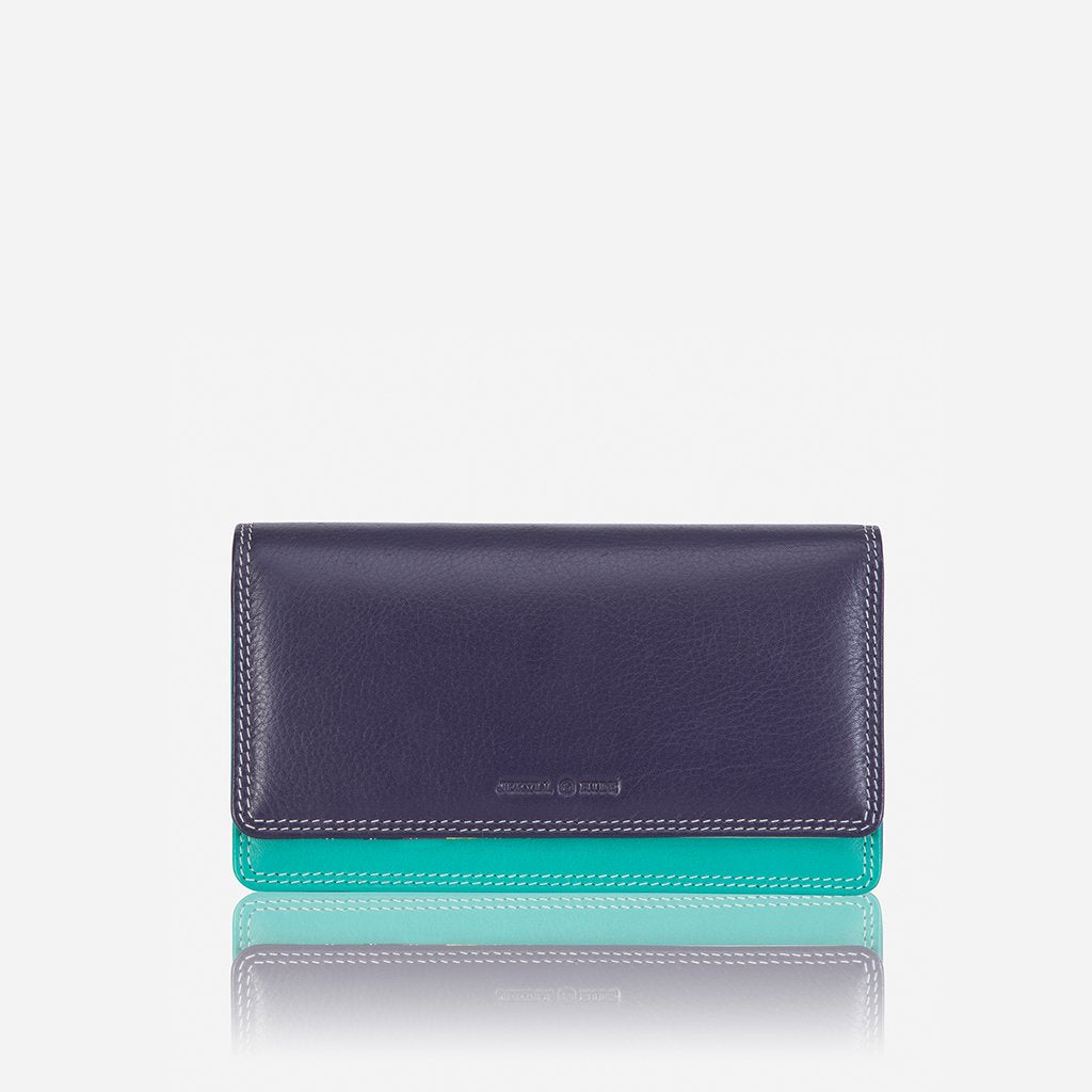 Caribbean leather flap purse in Ibiza, closed: a deep purple flap over a turquoise body