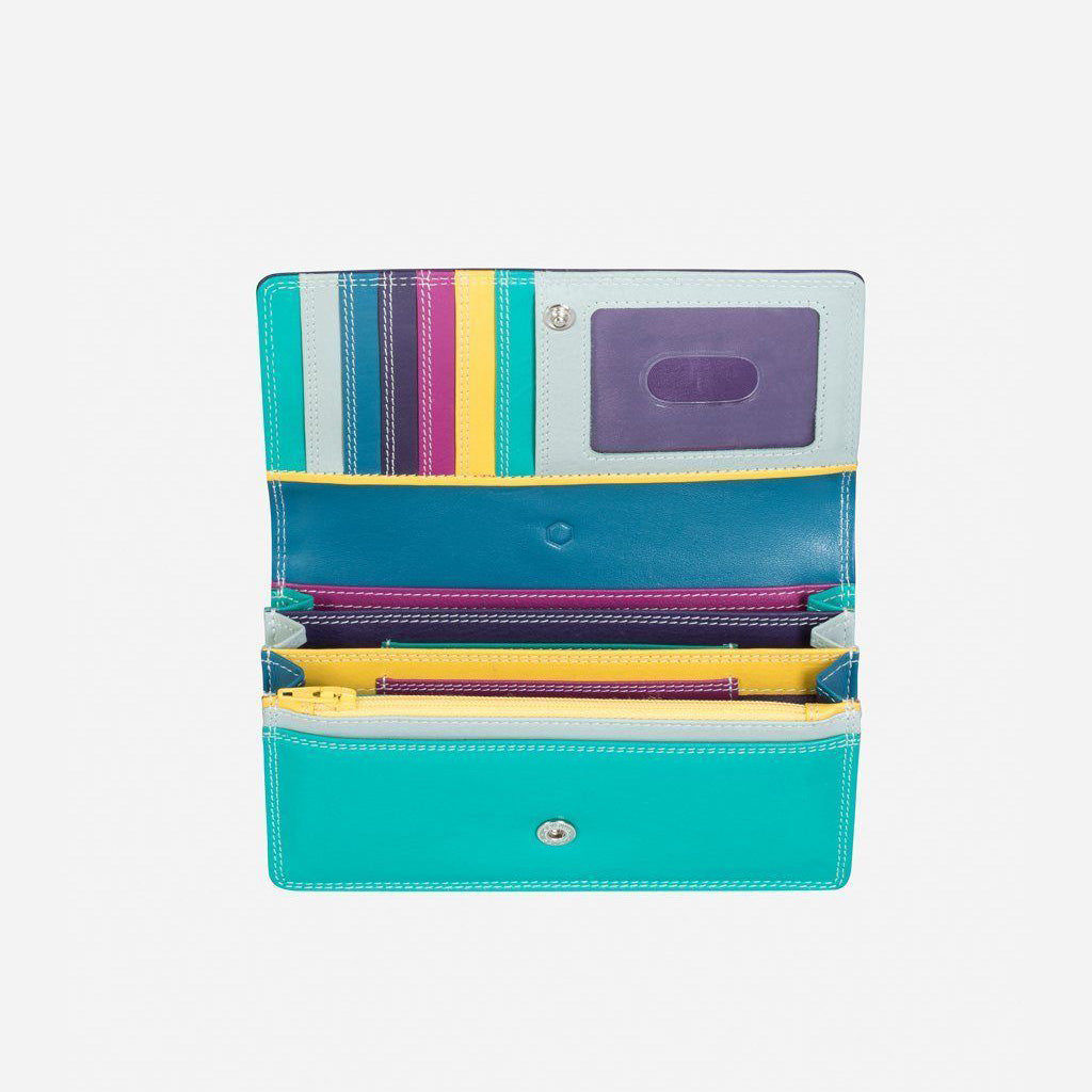 Ibiza purse open, showing rainbow card slots, a clear ID window and turquoise note sections