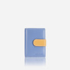 Jekyll & Hide compact Caribbean leather purse in cornflower blue with a mustard tab closure